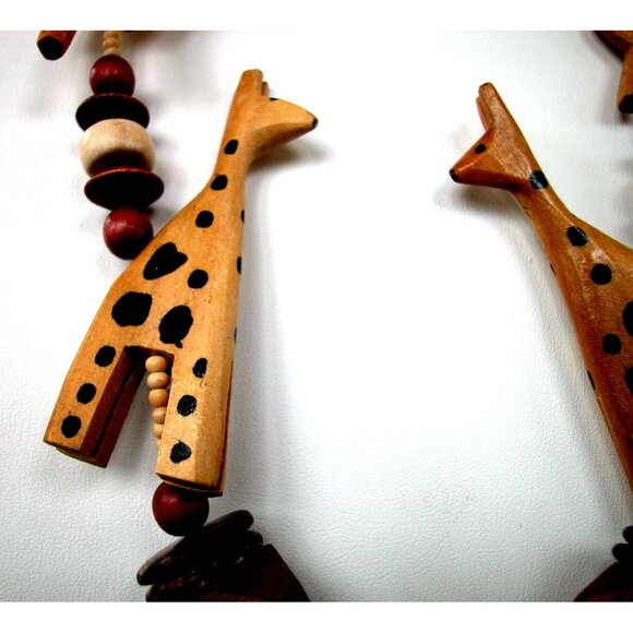 Handcrafted Wooden African Animal Necklace With Giraffe Elephant & Camel Beads - Picture 2 of 5